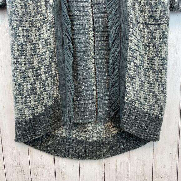 Trouve Gray Acrylic Knit Fringe Trim Long Cardigan Duster Sweater Size Large - Picture 5 of 13